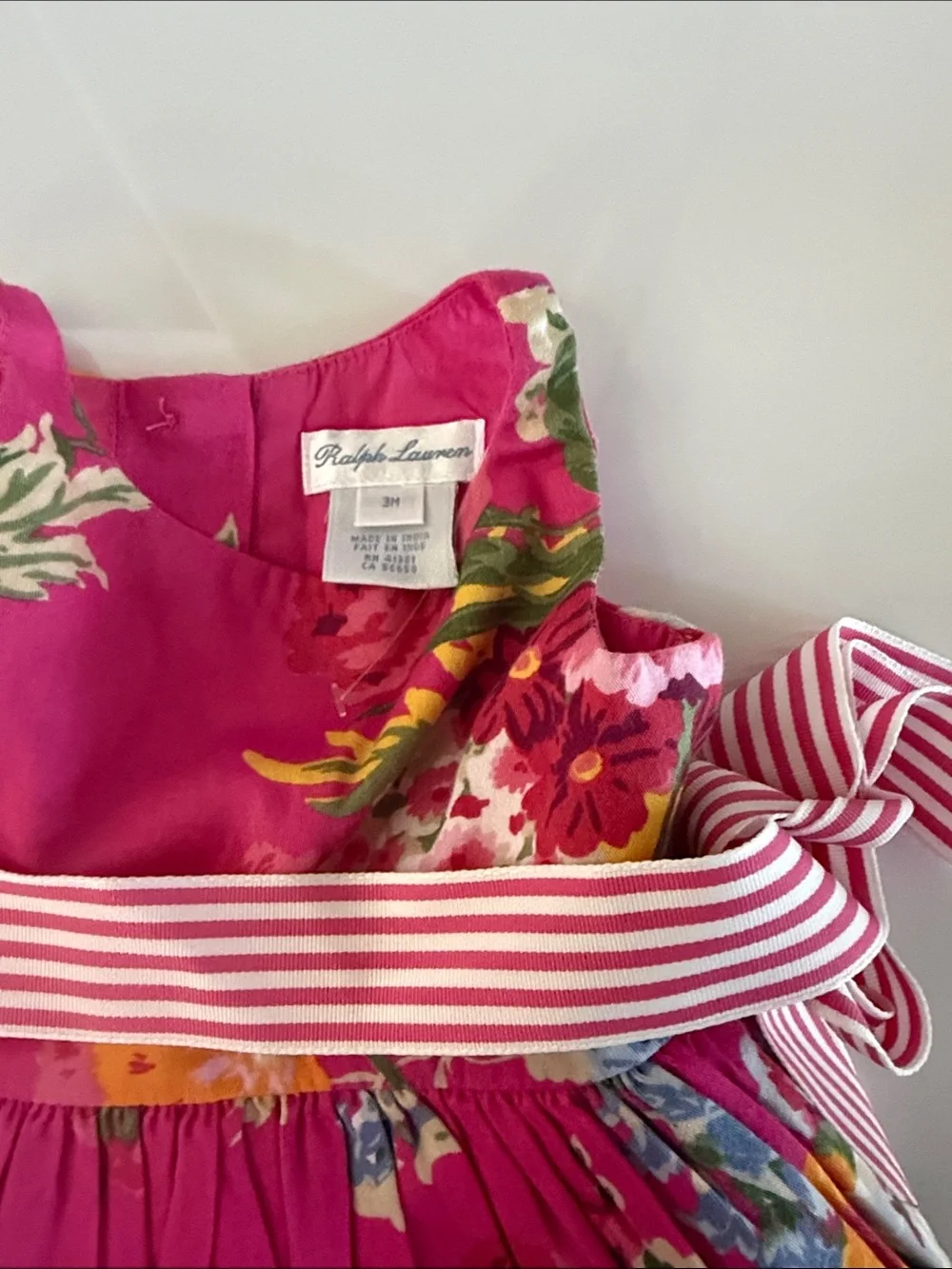 Ralph Lauren Hot Pink Floral Dress with Striped Bow and Bloomers